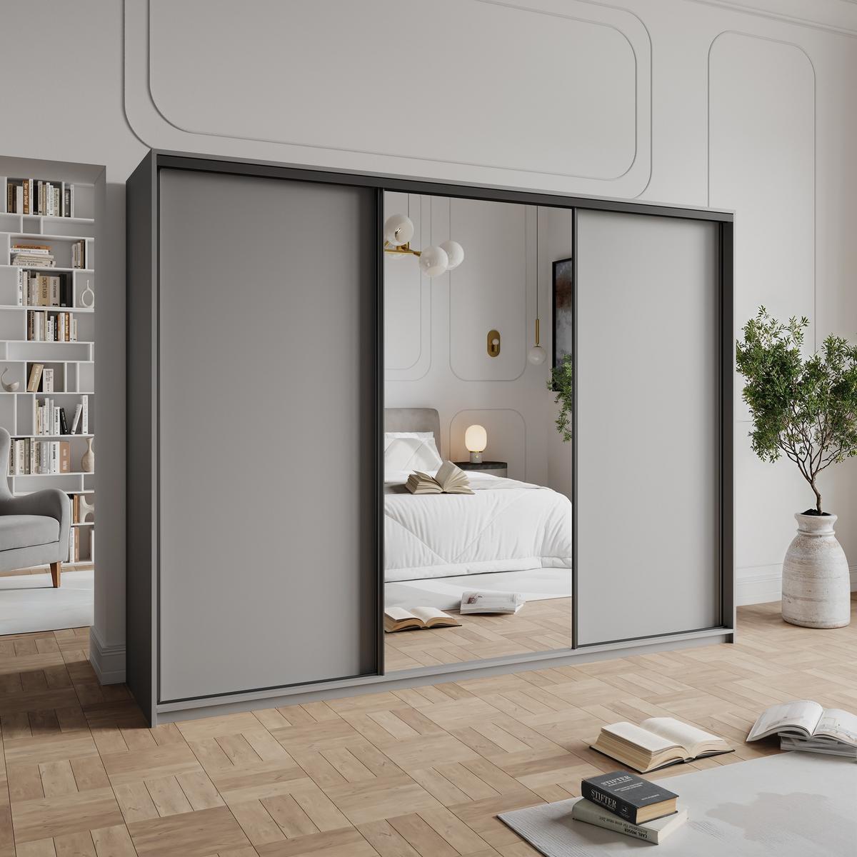 SCHWEBETÜRENSCHRANK TAVI 270/205/60 cm 3-türig mit Spiegel Graphitfarben - Graphitfarben, Holzwerkstoff (270/205/60cm) - MASSENO