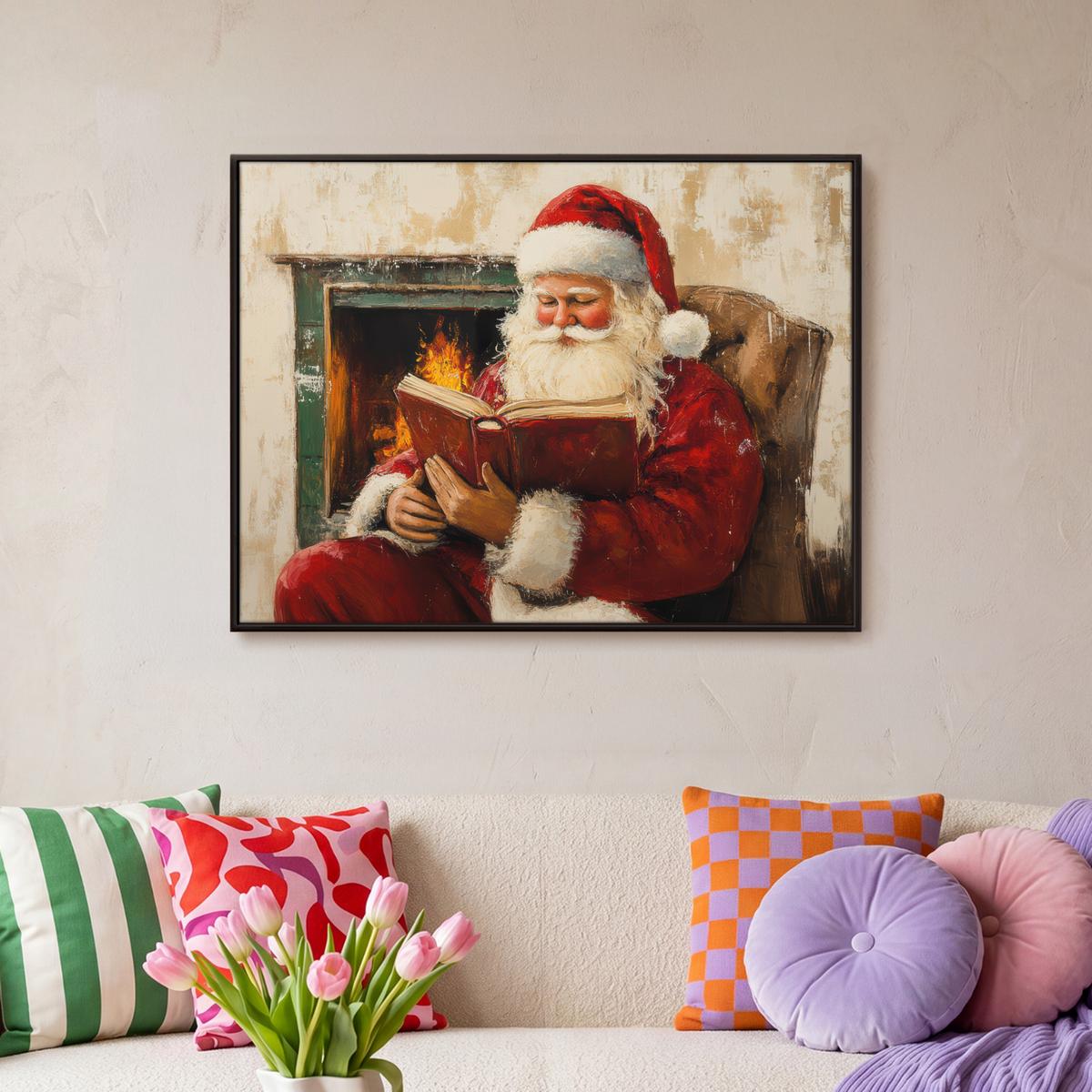 LEINWAND Bilder mit Rahmen - Weihnachten - Weihnachtsmann - Winter - Open Fireside - 70x50 - Dunkelrot, Textil (70/50cm) - MuchoWow