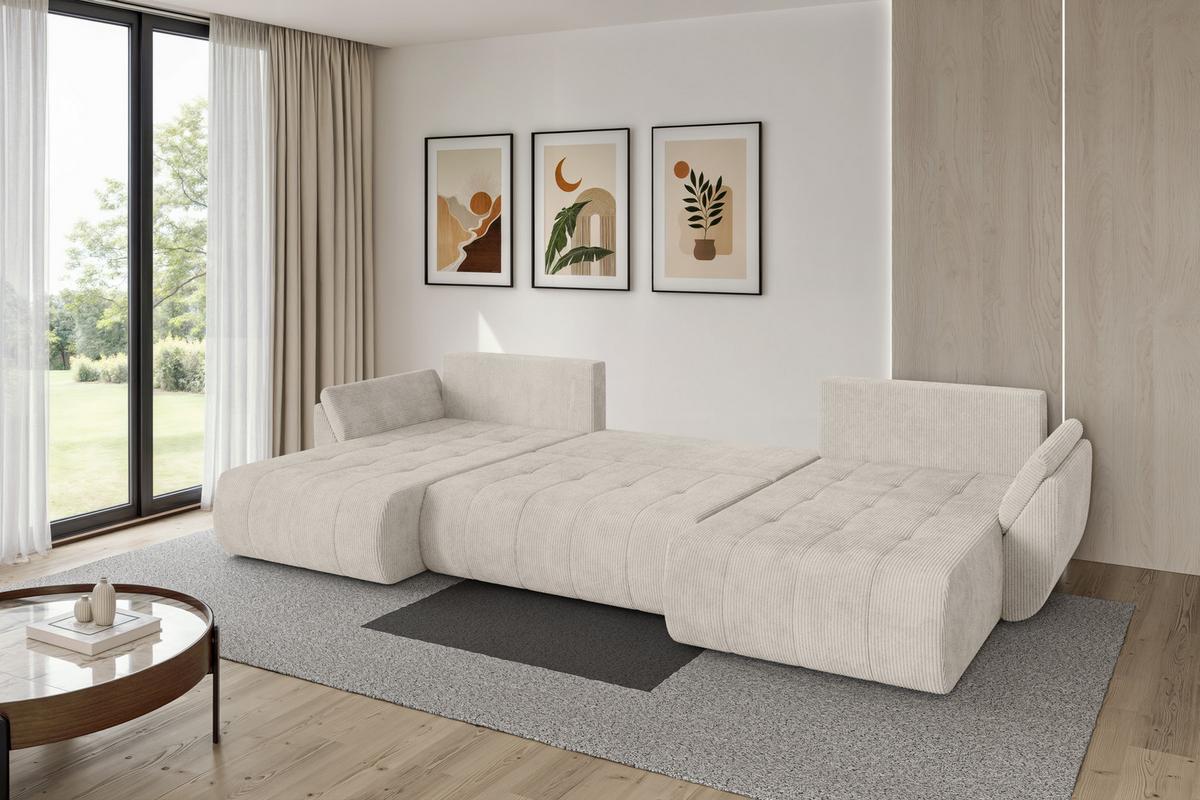 WOHNLANDSCHAFT mit Schlaffunktion und Bettkasten TOKO-U 378x194x86 Creme Cord - Ecru/Creme, Holzwerkstoff/Kunststoff (378/86/194cm) - ALTDECOR