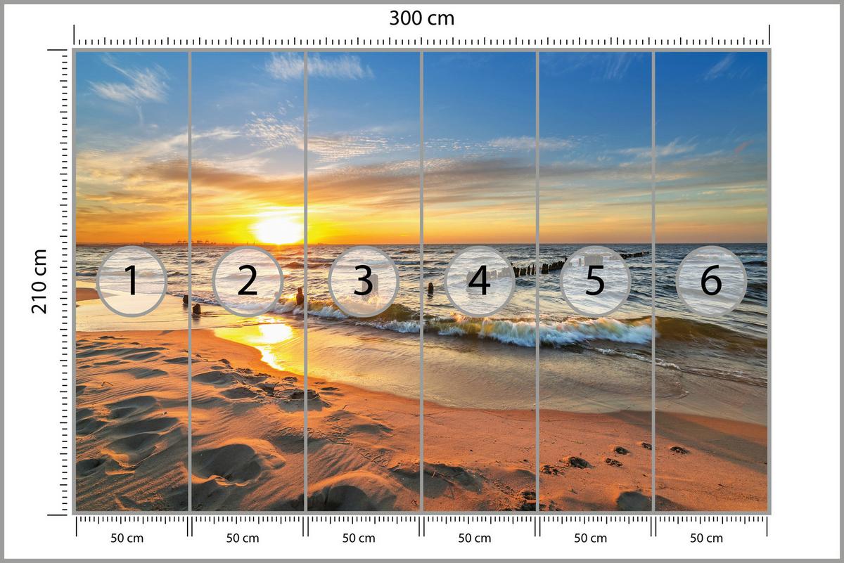 FOTOTAPETE Sonnenuntergang Strand Meer Landschaft 3D 300x210 cm - Beige/Orange, Papier (300/210cm) - Muralo
