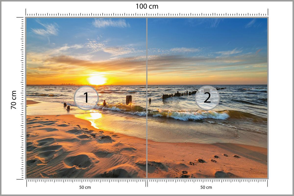 FOTOTAPETE Sonnenuntergang Strand Meer Landschaft 3D 100x70 cm - Beige/Orange, Papier (100/70cm) - Muralo