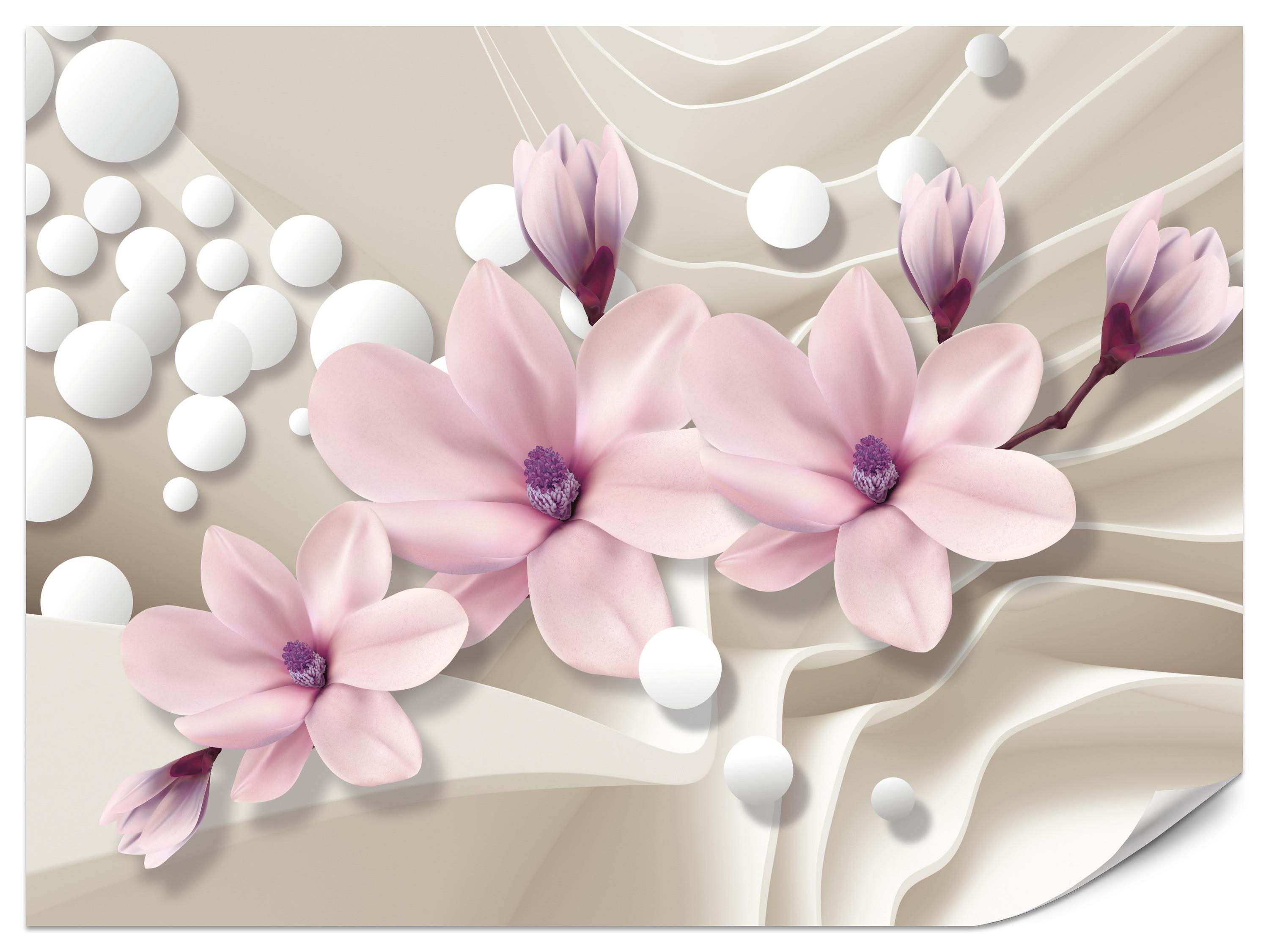 FOTOTAPETE für Wohnzimmer BLUMEN Magnolien ROSA Welliges Raumhintergrund 100x70 - Beige/Rosa, Papier (100/70cm) - Muralo