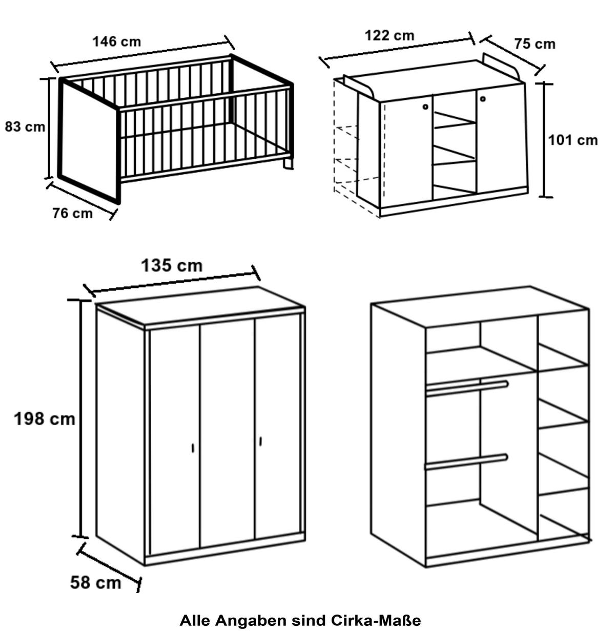 BABYZIMMER-SET 3-teilig: Babybett & Wickelkommode & Kleiderschrank 3-türig B135/H198/T58 cm, Soft-Close, Landhausstil Weiß / 22803 - Silberfarben/Weiß, Holzwerkstoff/Metall (76/83/146cm) - luma-home