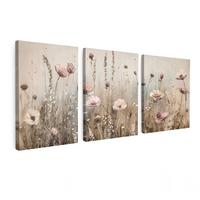 LEINWANDBILD 3er Set Blumen - Beige - Modern - Rosa 90x40 cm - Ecru, Textil (90/40cm) - MuchoWow
