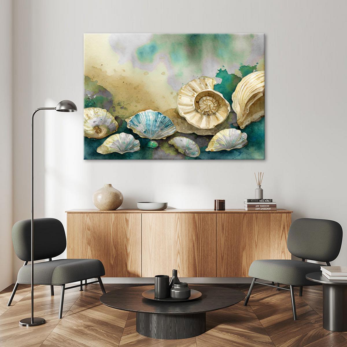 LEINWANDBILD Seemuscheln türkis Acryl 90x60cm - Grün, Textil (90/60cm) - Feeby