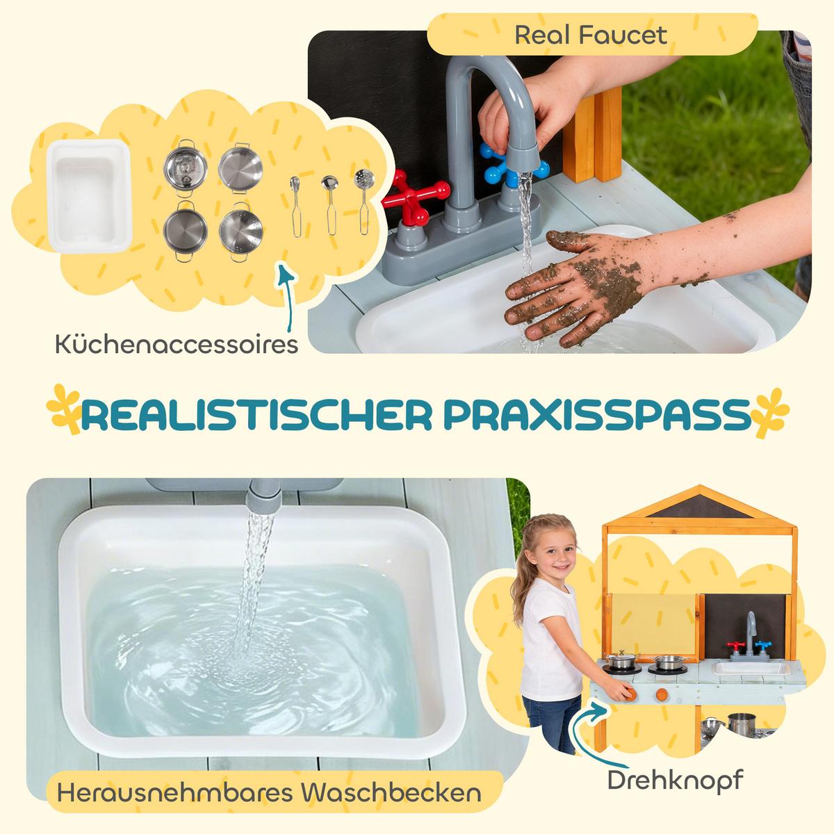 OUTDOOR-KINDER-MATSCHKÜCHE Tannenholz Edelstahl Hellblau - Hellblau, Holz (33.5/69cm) - AIYAPLAY