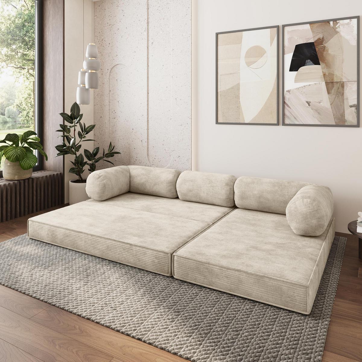 ECKSOFA ETERA modulares Boneless Sofa mit Schlaffunktion Creme Kordstoff - Creme, Textil (270/160cm) - MASSENO
