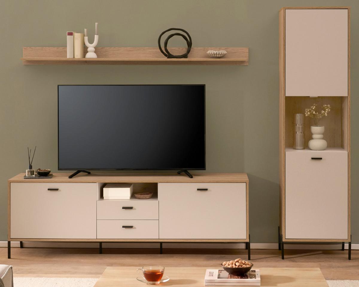 WOHNWAND Kaschmir, Eiche 259 cm 3-teilig, Wohnkombination mit Soft-Close - Kaschmir/Eichefarben, Glas/Holzwerkstoff (259/204/40cm) - Furn.Design