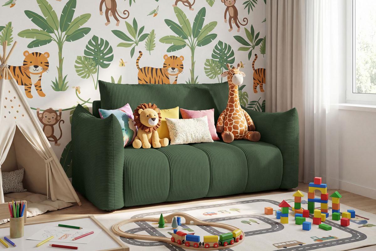 SCHLAFSOFA Lilo mit Bettkasten, Grün Cordstoff 120/86/101 cm - Schwarz/Grün, Kunststoff/Textil (120/86/101cm) - WFL GROUP