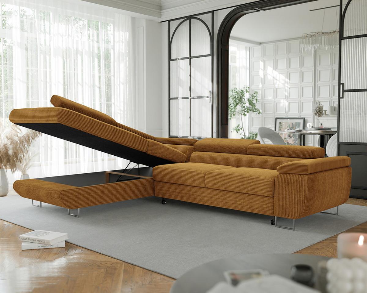 ECKSOFA ANTON links, mit Schlaffunktion und Bettkasten Senfgelb - Currygelb/Chromfarben, Textil/Metall (274/203cm) - Idohome