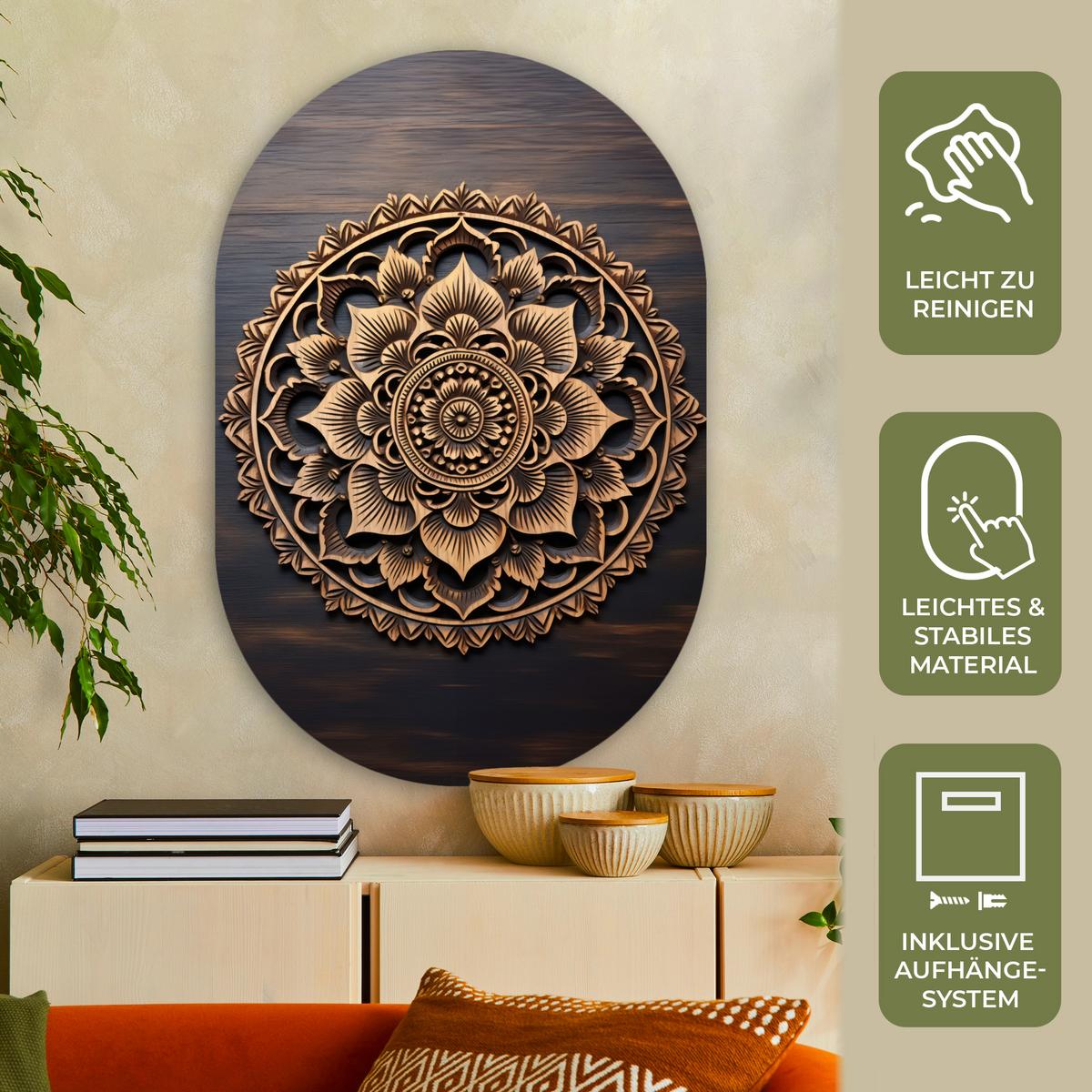 WANDBILD Mandala - Holz - Blumen - Braun Deko Groß 80x120 cm - Gelb, Kunststoff (80/120cm) - MuchoWow