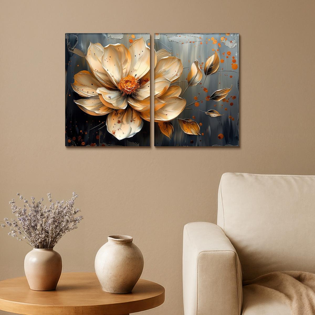 LEINWANDBILD 2er Set Blume - Gold - Abstrakt - Farbe 60x40 cm - Creme, Textil (60/40cm) - MuchoWow