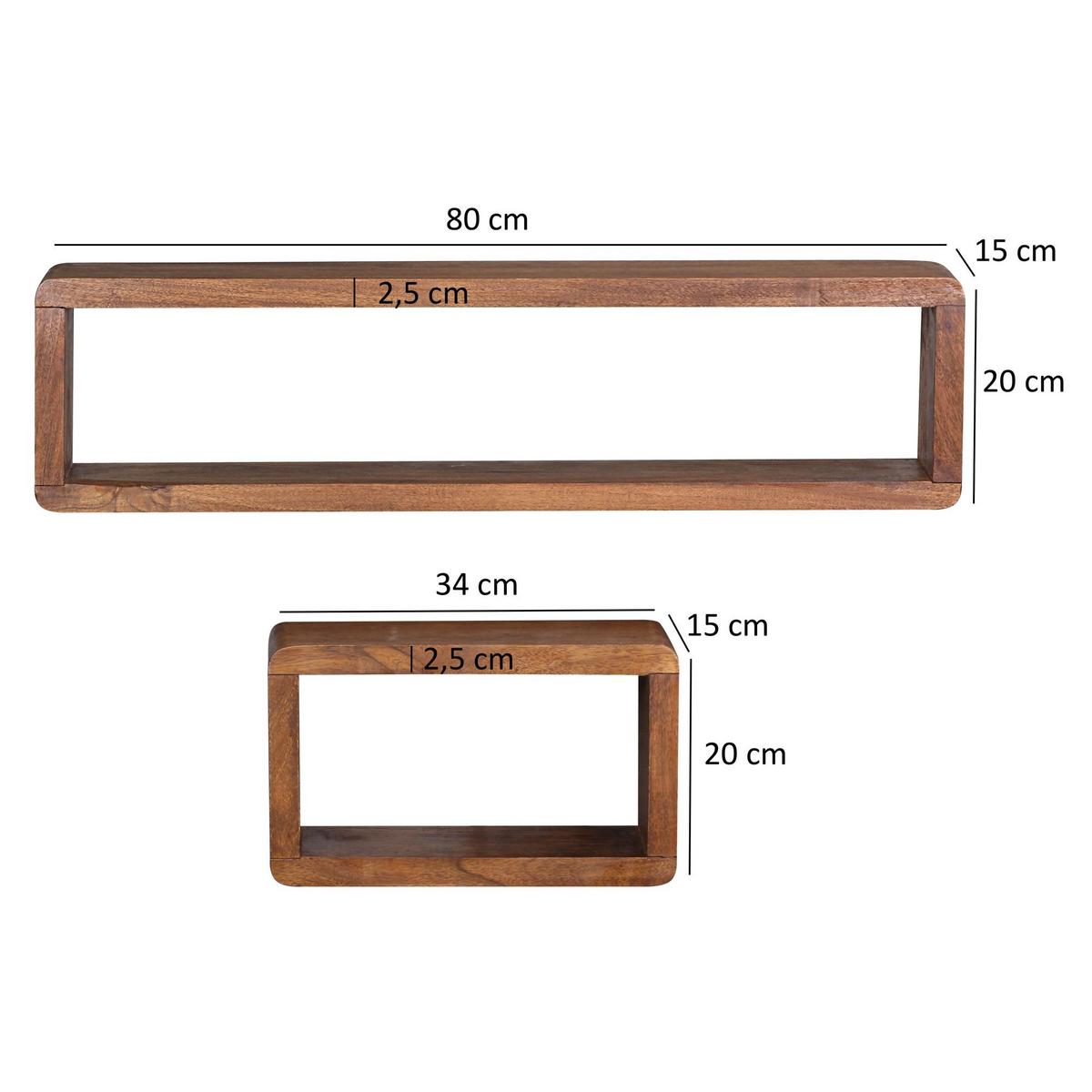 WANDREGAL Set BOHA Massivholz Viereckig Landhausstil, Dunkelbraun 80x15x20 cm - Braun, Holz (80/20/15cm) - KADIMA DESIGN
