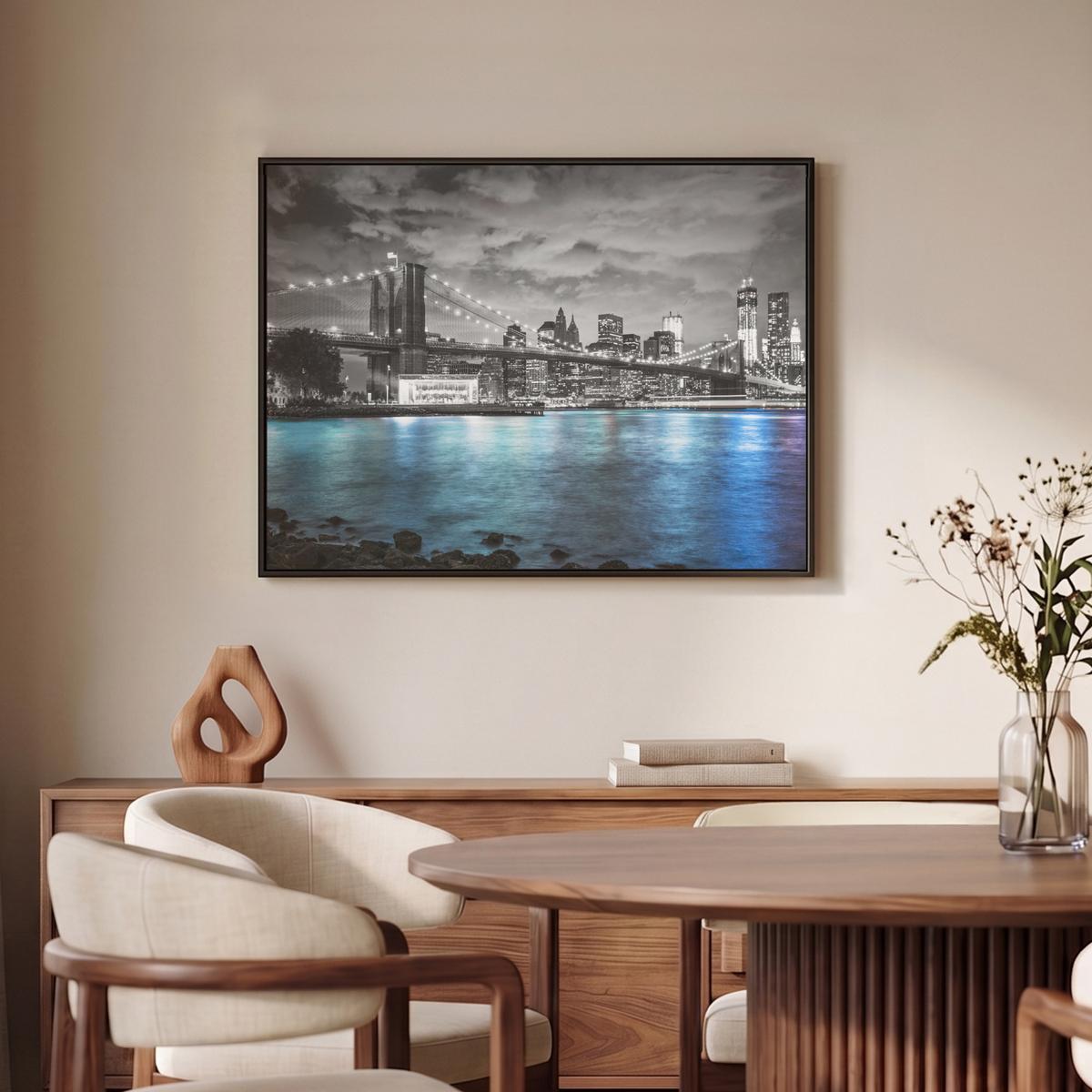 LEINWAND Bilder mit Rahmen - New York - Skyline - Stadt - Blau - 80x60 - Blaugrau, Textil (80/60cm) - MuchoWow