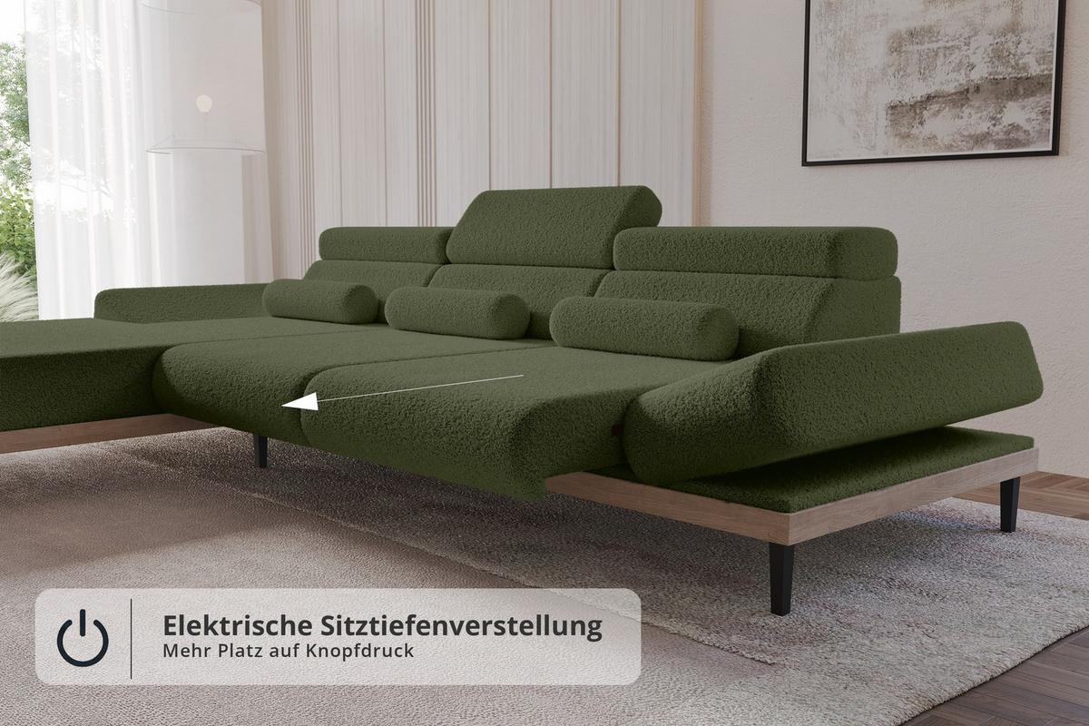 ELEKTRISCHES ECKSOFA Links MONA 316x205x85 Grün Bouclé - Olivgrün/Grün, Holzwerkstoff/Textil (316/205cm) - ALTDECOR
