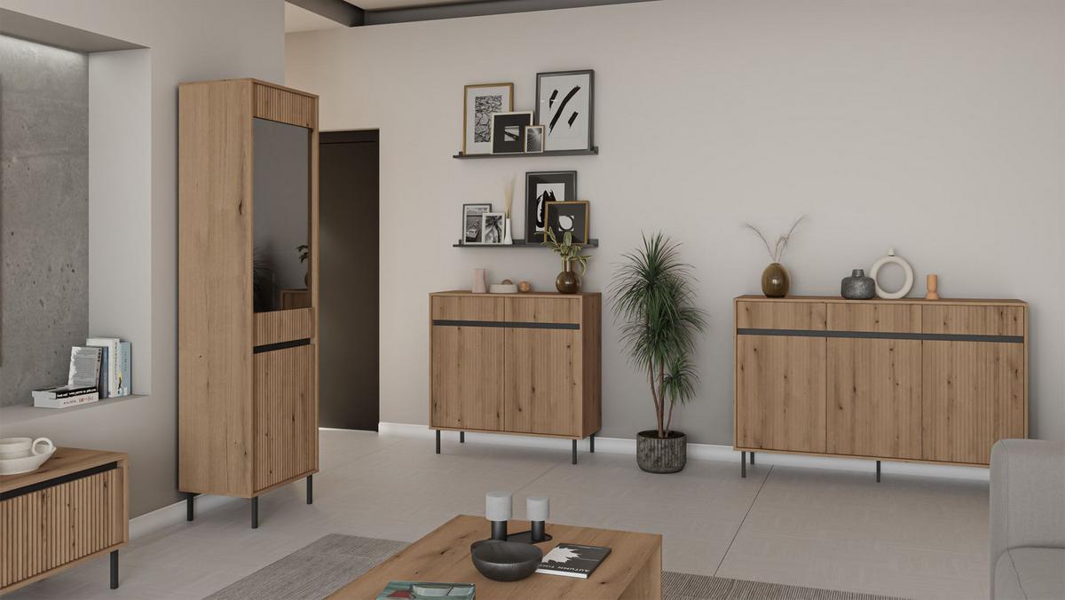 VITRINE Osaka Eichenholzoptik Evoke 56 cm - Eichefarben/Schwarz, Holzwerkstoff/Metall (55.8/205/40cm) - Selsey