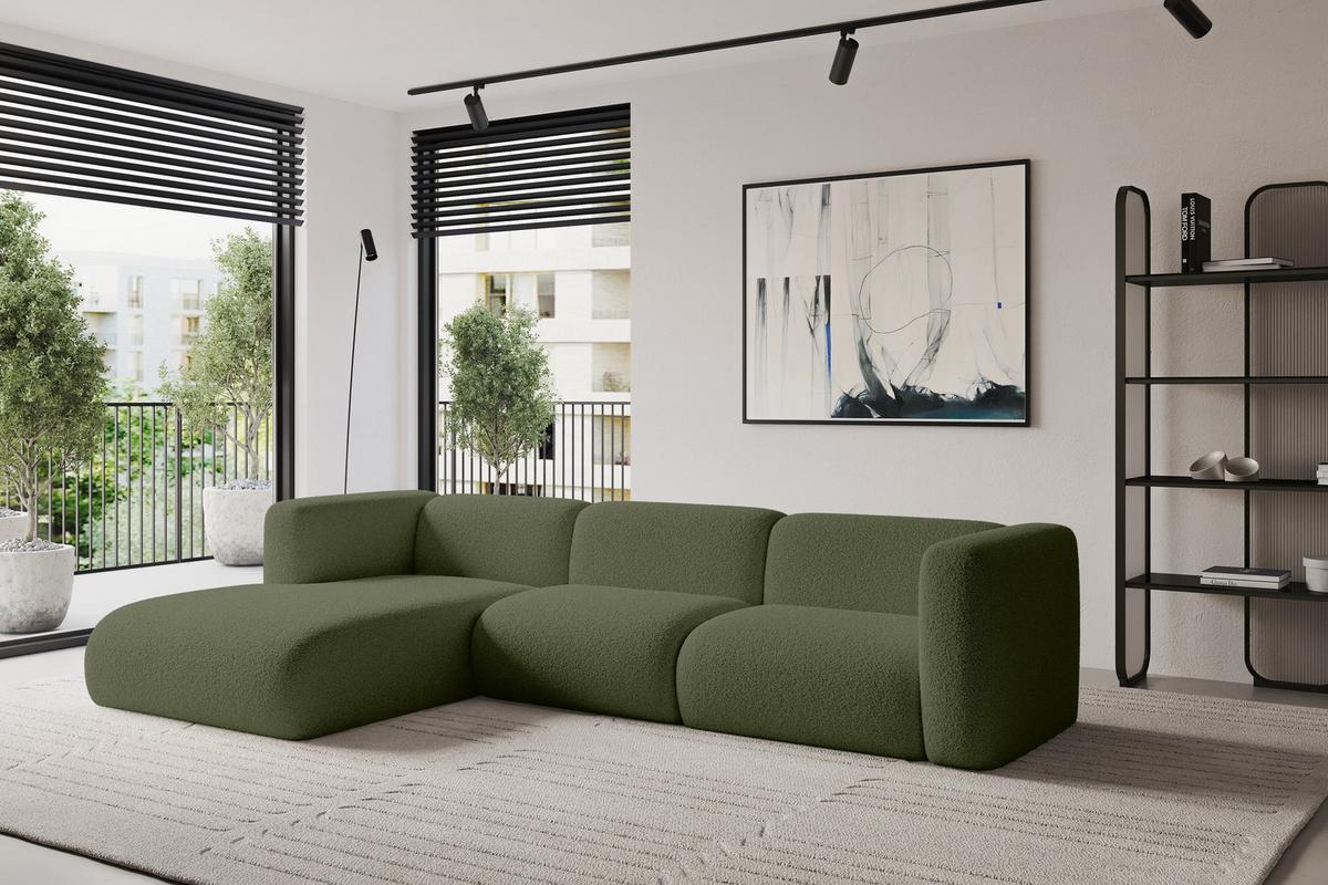 ECKSOFA Ottomane Links MIRA-L1 227x179x89 Grün Bouclé - Schwarz/Olivgrün, Holzwerkstoff/Kunststoff (227/179cm) - ALTDECOR