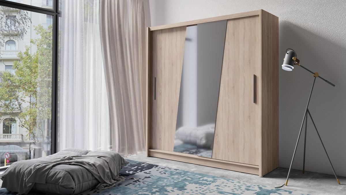 SCHWEBETÜRENSCHRANK RANOR 200/215/62,5cm 2-türig mit Spiegel Sonoma Eiche - Sonoma Eiche, Holzwerkstoff (200/215/62.5cm) - MASSENO