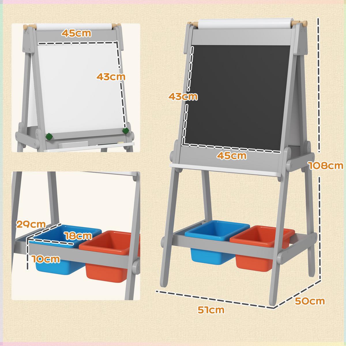 3-IN-1 Kindertafel, doppelseitige Kinder Staffelei mit Kreidetafel, Whiteboard - Grau, Holzwerkstoff (50/108/51cm) - AIYAPLAY