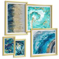 BILDER SET 5er Set - 50x50 cm & 20x30 cm & 40x60 cm Goldrahmen - Wilde Landschaften, Berge, Hirsche - Goldfarben, Kunststoff (40/60cm) - TULUP