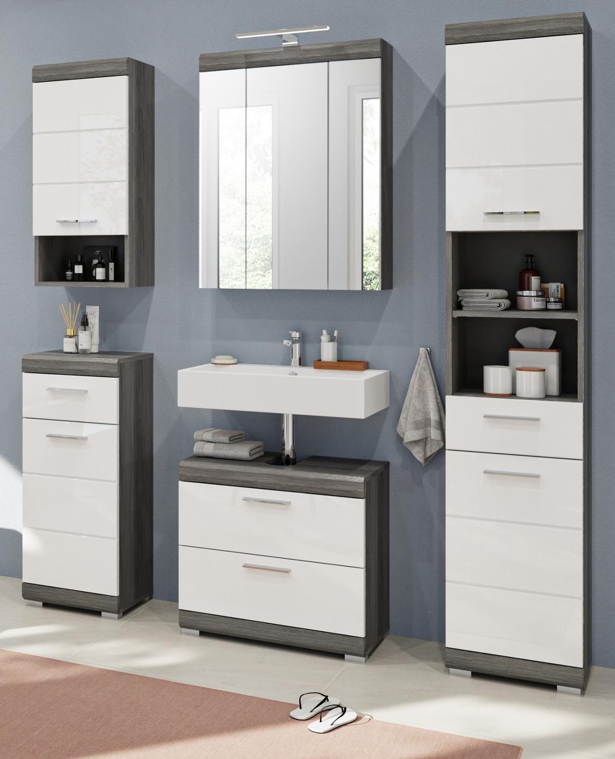 BADMÖBEL-SET weiß Hochglanz, grau 5-teilig 164 cm, Komplettset mit 20 Fächern - Weiß Hochglanz/Grau, Holzwerkstoff (164/191/34cm) - Inn.Furn