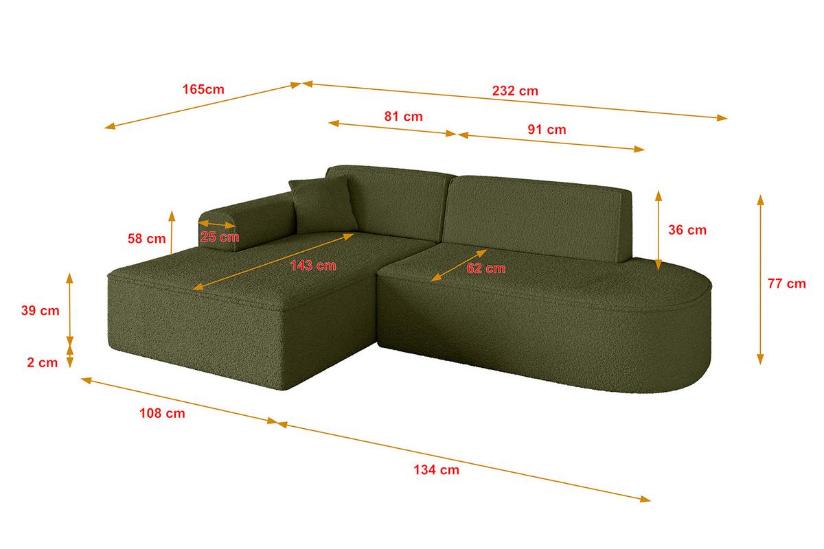 ECKSOFA Ottomane Links IREA-L1-v3 - 232x165x77 cm Grün - Platinfarben, Holzwerkstoff/Textil (232/165cm) - ALTDECOR