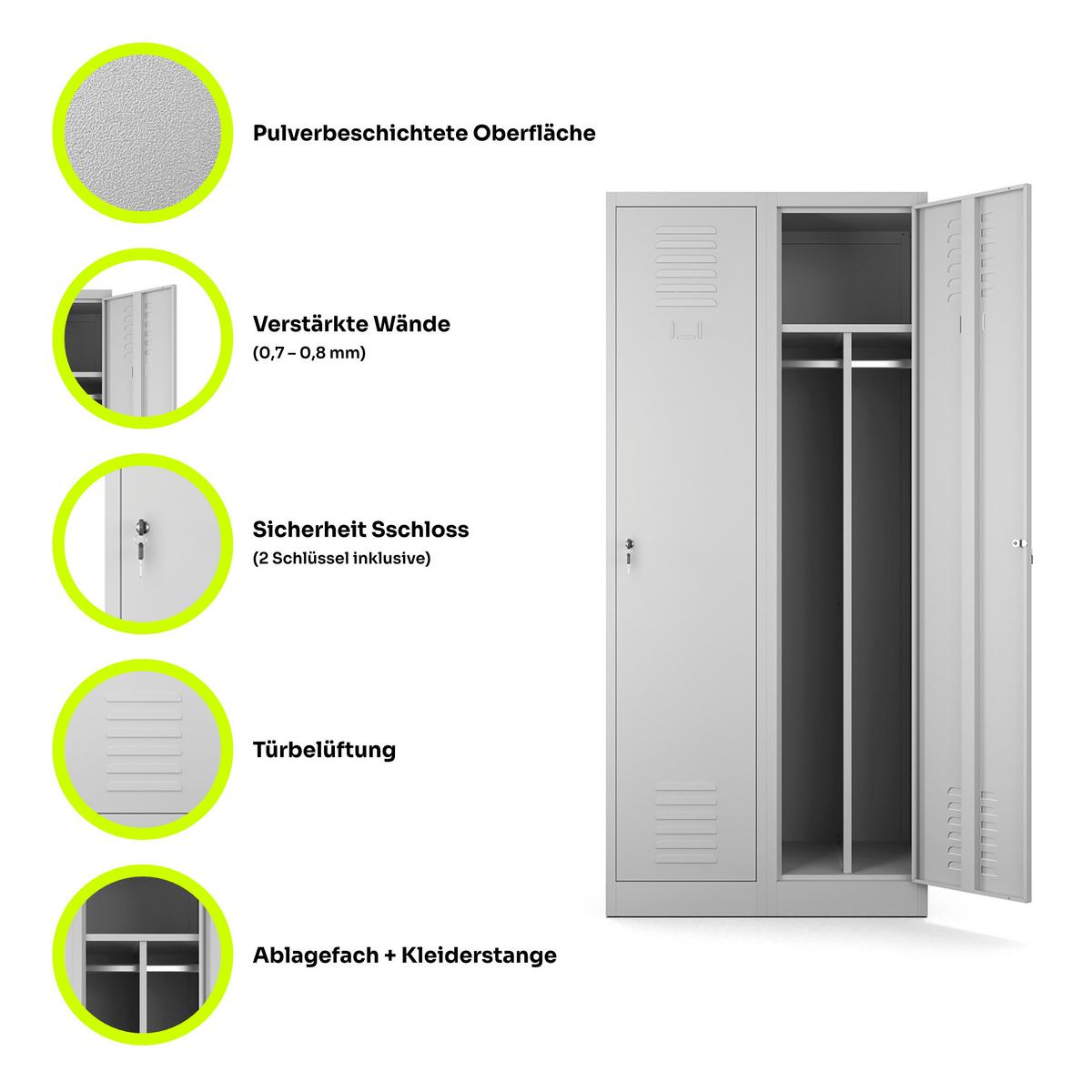 MEHRZWECKSCHRANK 2-türig aus Metall Hellgrau 80x180x50cm - Hellgrau, Metall (80/180/50cm) - Muralo