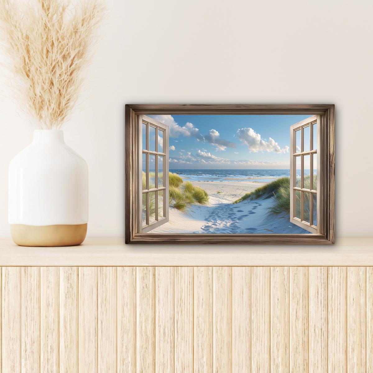 LEINWANDBILD Aussicht - Strand - Fenster - Dünen - Meer Deko Schlafzimmer 30x20 cm - Hellblau, Textil (30/20cm) - MuchoWow