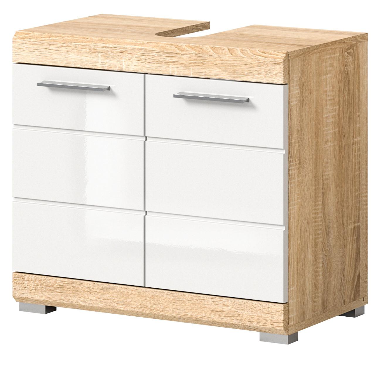 WASCHBECKENUNTERSCHRANK weiß Hochglanz und Sonoma Eiche, Bad Unterschrank 60 cm - Weiß Hochglanz/Eichefarben, Holzwerkstoff/Kunststoff (60/56/34cm) - Inn.Furn