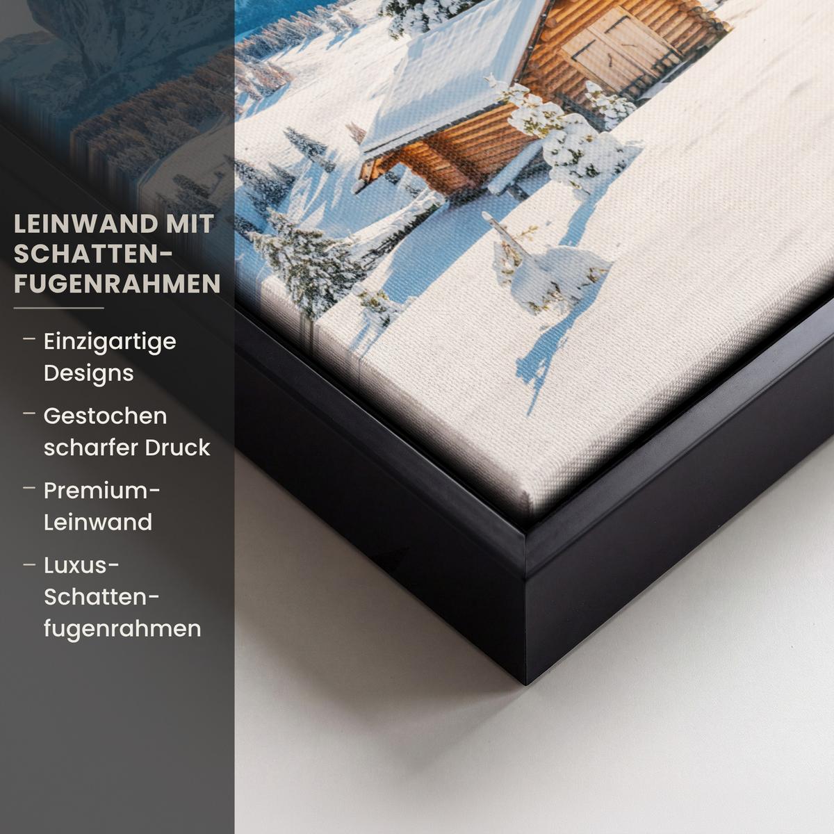 LEINWAND Bilder mit Rahmen - Winter - Hütte - Berge - Aussicht - Schnee - 20x30 - Eichefarben, Textil (20/30cm) - MuchoWow