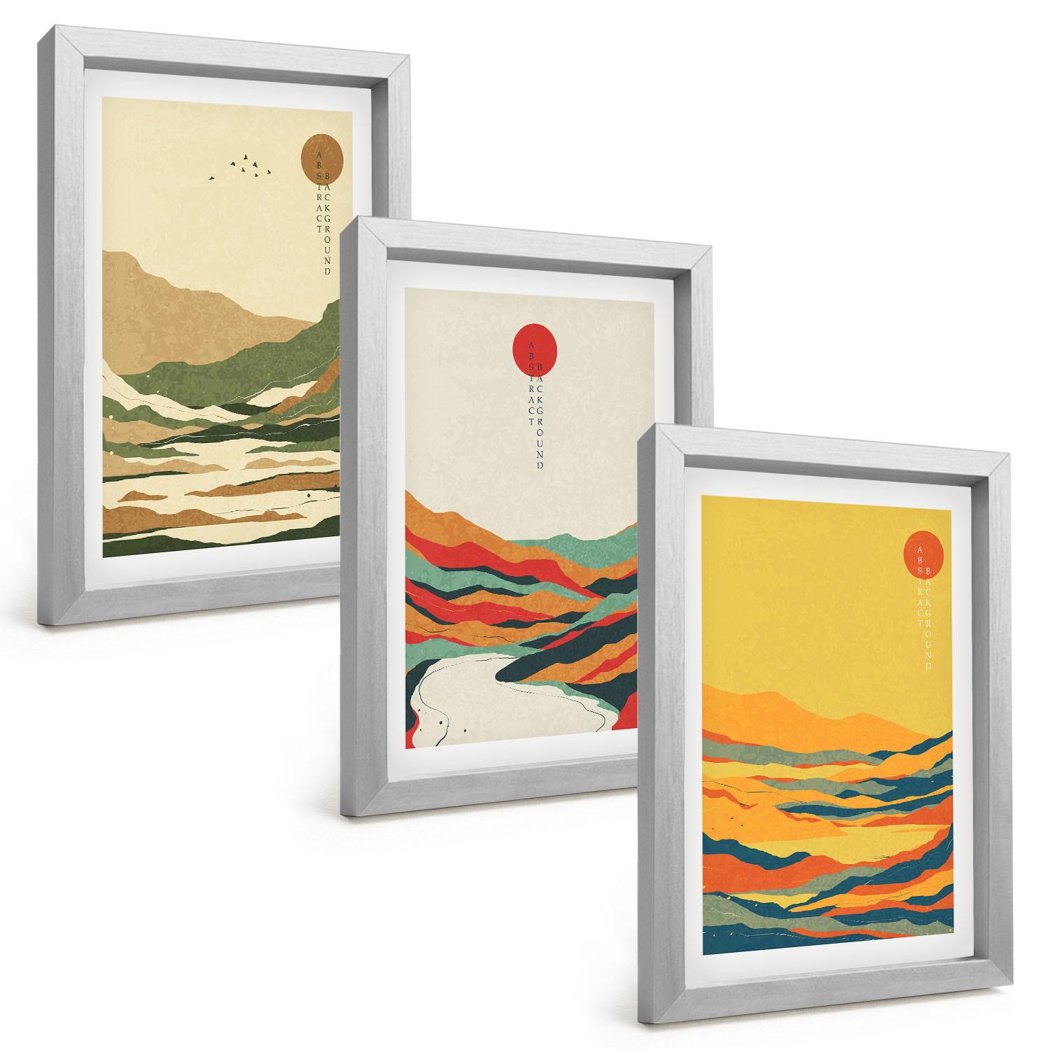 BILDER SET 3er Set - 20x30 cm Silberner Rahmen - Farbenfrohe Muster der Japandi-Flussberge - Silberfarben, Kunststoff (20/30cm) - TULUP