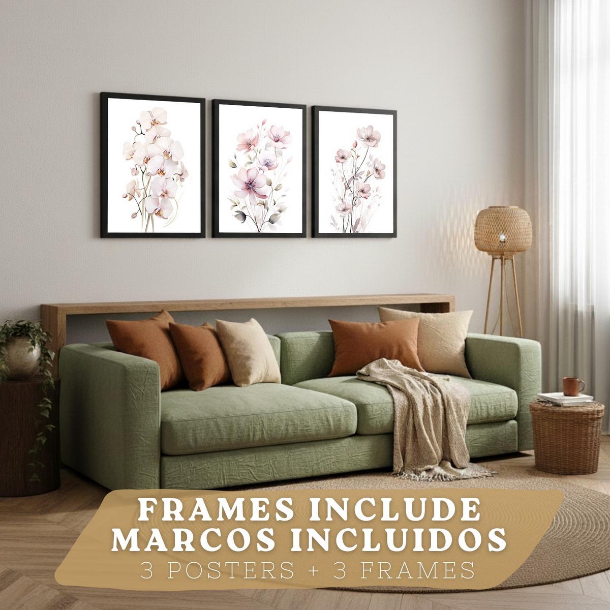 POSTER 3er-Set Wandbilder Orchidee Rosa modern Wohnzimmer Deko, Schlafzimmer, Küche, Badezimmer Rahmenlos A4 - Schwarz, Papier (29.7/1/21cm) - Nacnic