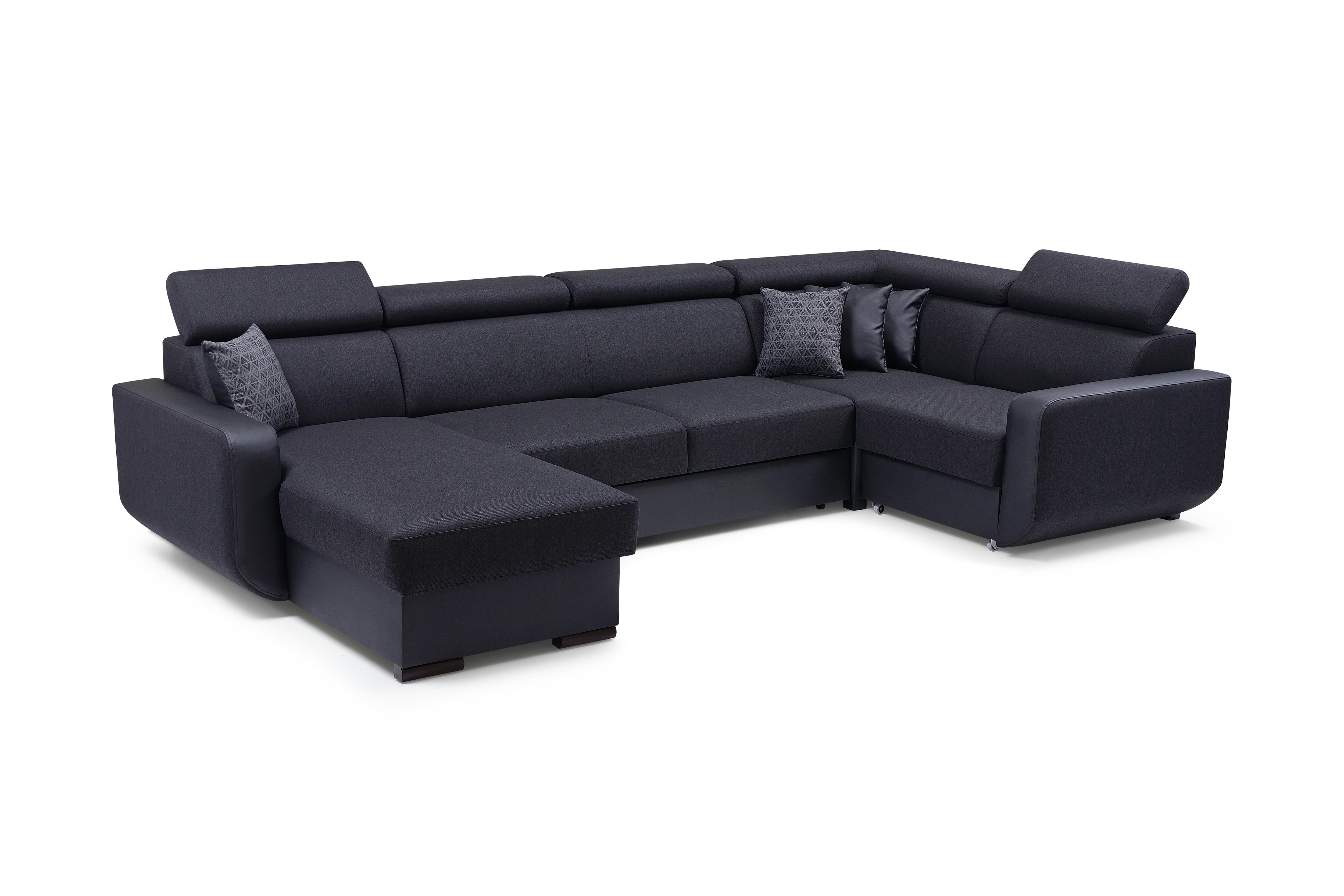 WOHNLANDSCHAFT PALAZZO Schwarz Geflochtener Stoff mit Schlaffunktion - Schwarz, Holz (337/97/184cm) - MASSENO