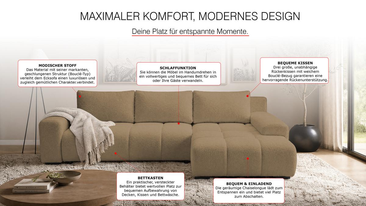 ECKSOFA Ovia mit Bettkasten und Schlaffunktion, Bouclé-Stoff in L-Form - Cappuccino, Textil (270/185cm)