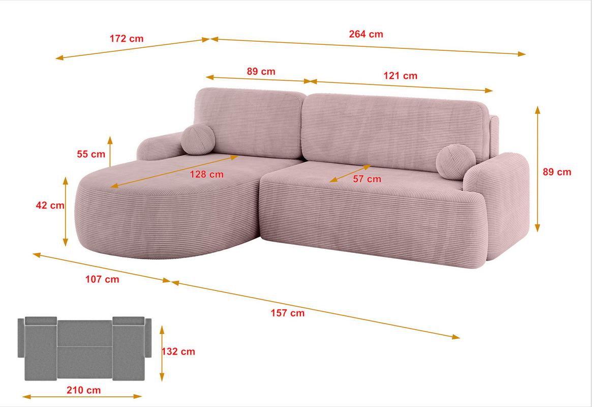ECKSOFA mit Schlaffunktion und Bettkasten LIRA-L - 264x172x89 Rosa - Rosa, Holzwerkstoff/Textil (264/172cm) - ALTDECOR