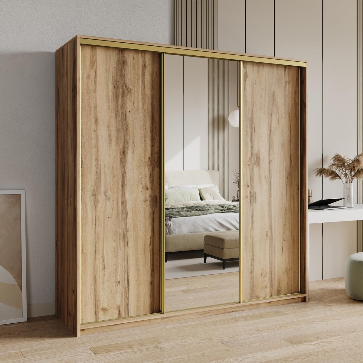 SCHWEBETÜRENSCHRANK TAVI 200/205/60 cm 3-türig mit Spiegel Eiche Wotan - Eiche Wotan, Holzwerkstoff (200/205/60cm) - MASSENO
