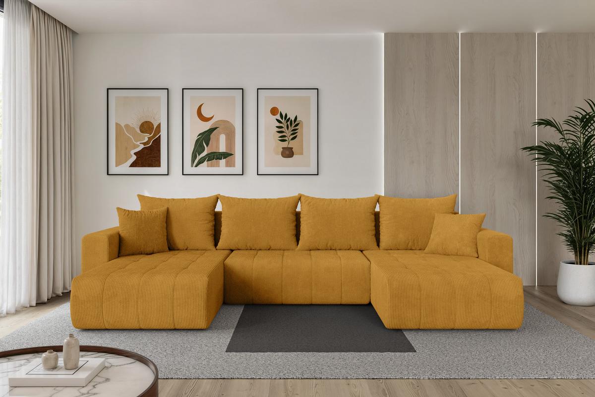 WOHNLANDSCHAFT mit Schlaffunktion und Bettkasten MILA-U 378x194x86 Senfgelb Cord - Dunkelgelb/Schwarz, Holzwerkstoff/Kunststoff (378/86/194cm) - ALTDECOR