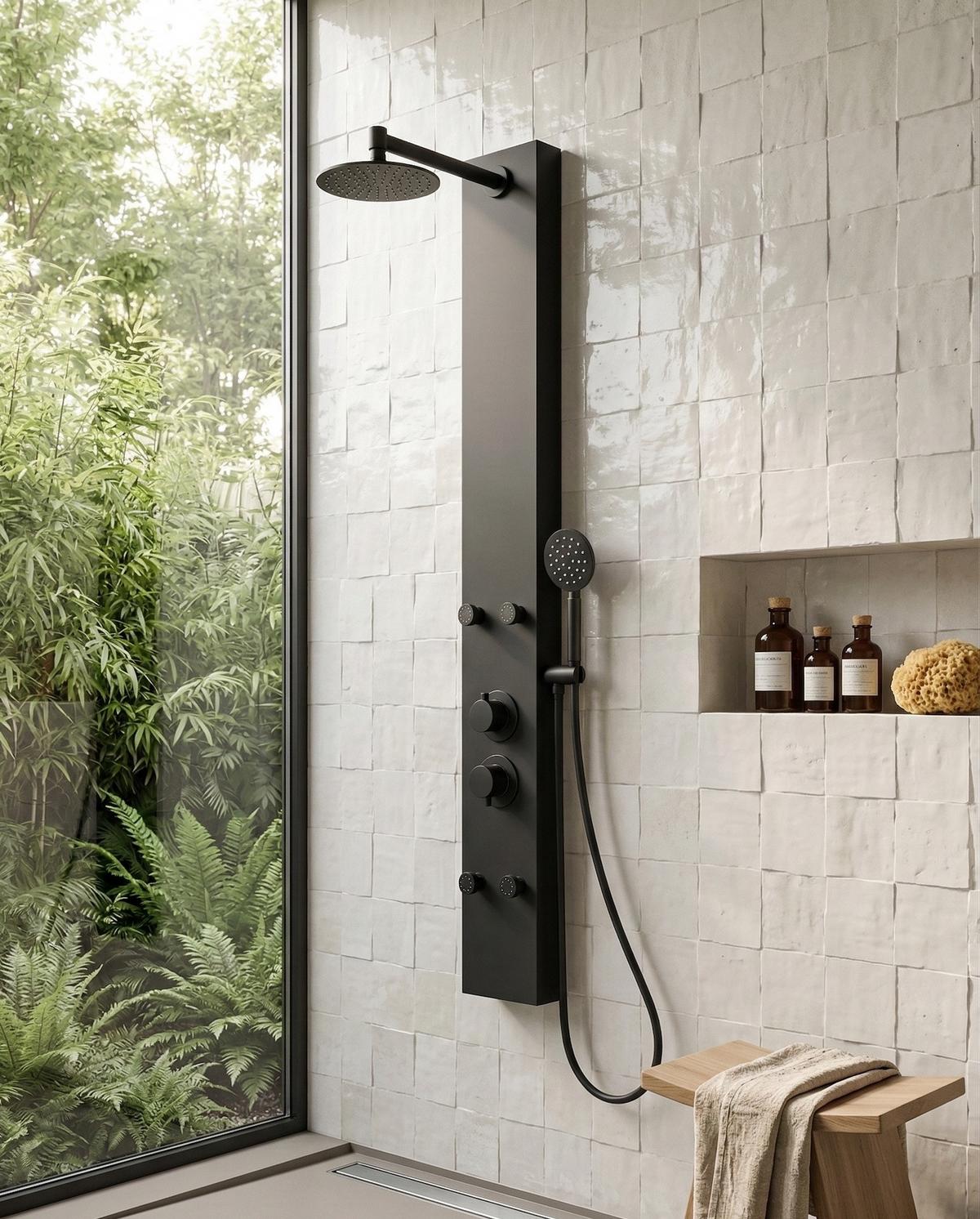 DUSCHPANEEL Caldera mit Mischbatterie Schwarz Aluminium - 140 x 20 cm - Schwarz, Metall (20/120/7cm) - Badplaats