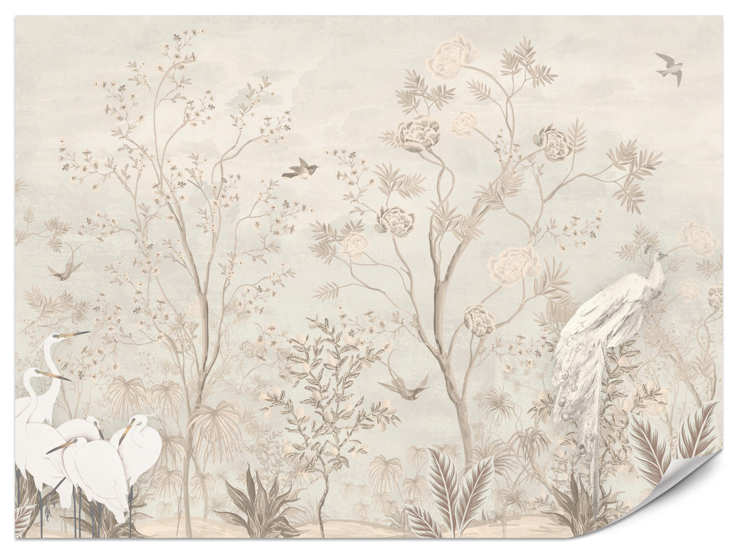 FOTOTAPETE für Esszimmer Weiße Vögel Bäumen Natur Kräne Blumen 200x140 - Beige, Papier (200/140cm) - Muralo