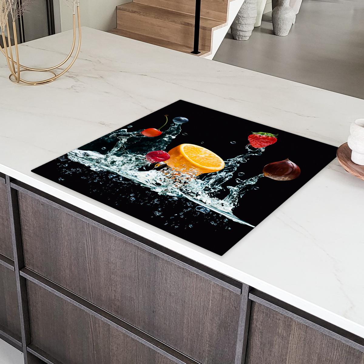 HERDABDECKPLATTE Wasser - Obst - Orange - Erdbeere - Kirsche - Schwarz Induktionsmatte 78x78 cm - Orange, Kunststoff (78/78/0.2cm) - MuchoWow