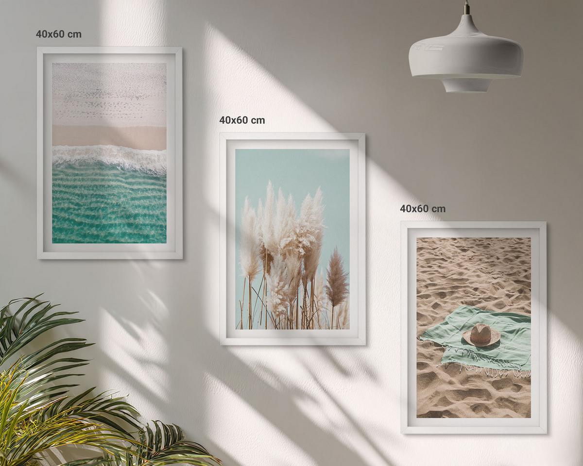 BILDER SET 3er Set - 40x60 cm Weißer Rahmen - Strandwellen Grashut - Weiß, Kunststoff (40/60cm) - TULUP