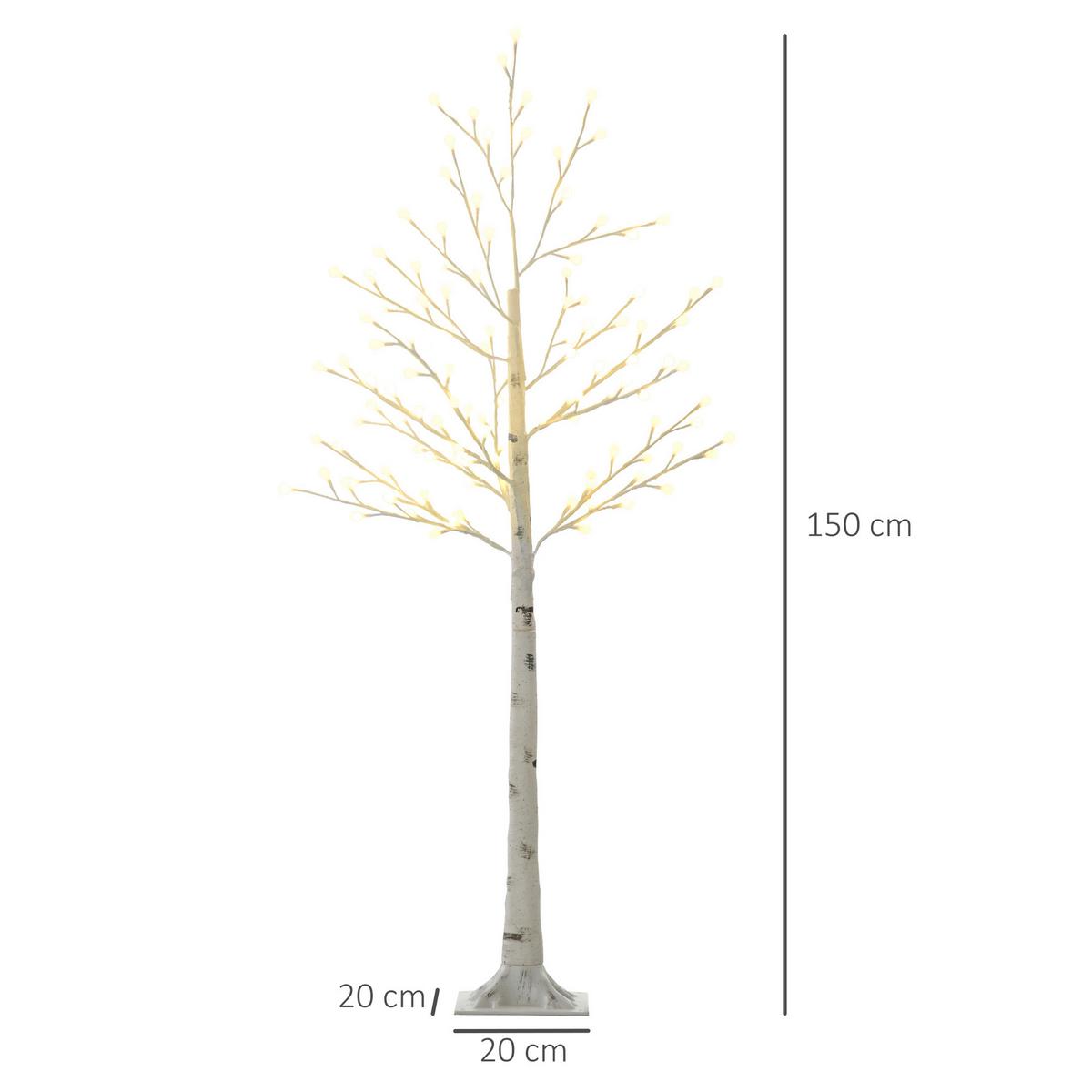150 cm Lichterbaum, Birkenbaum mit 120 Warmweiß 3 Helligkeitsstufen LED IP44 - Weiß, Kunststoff (20/150/20cm) - HOMCOM