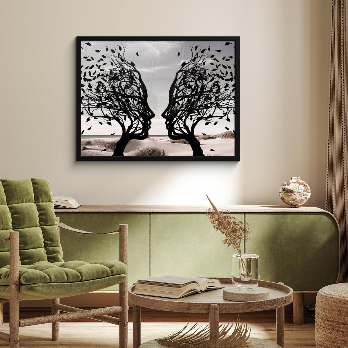 POSTER MIT RAHMENGERAHMTES BILD Strand - Meer - Menschen - Baum - Moderne Kunst 80x60 cm - Hellgrau, Papier (80/60cm) - MuchoWow