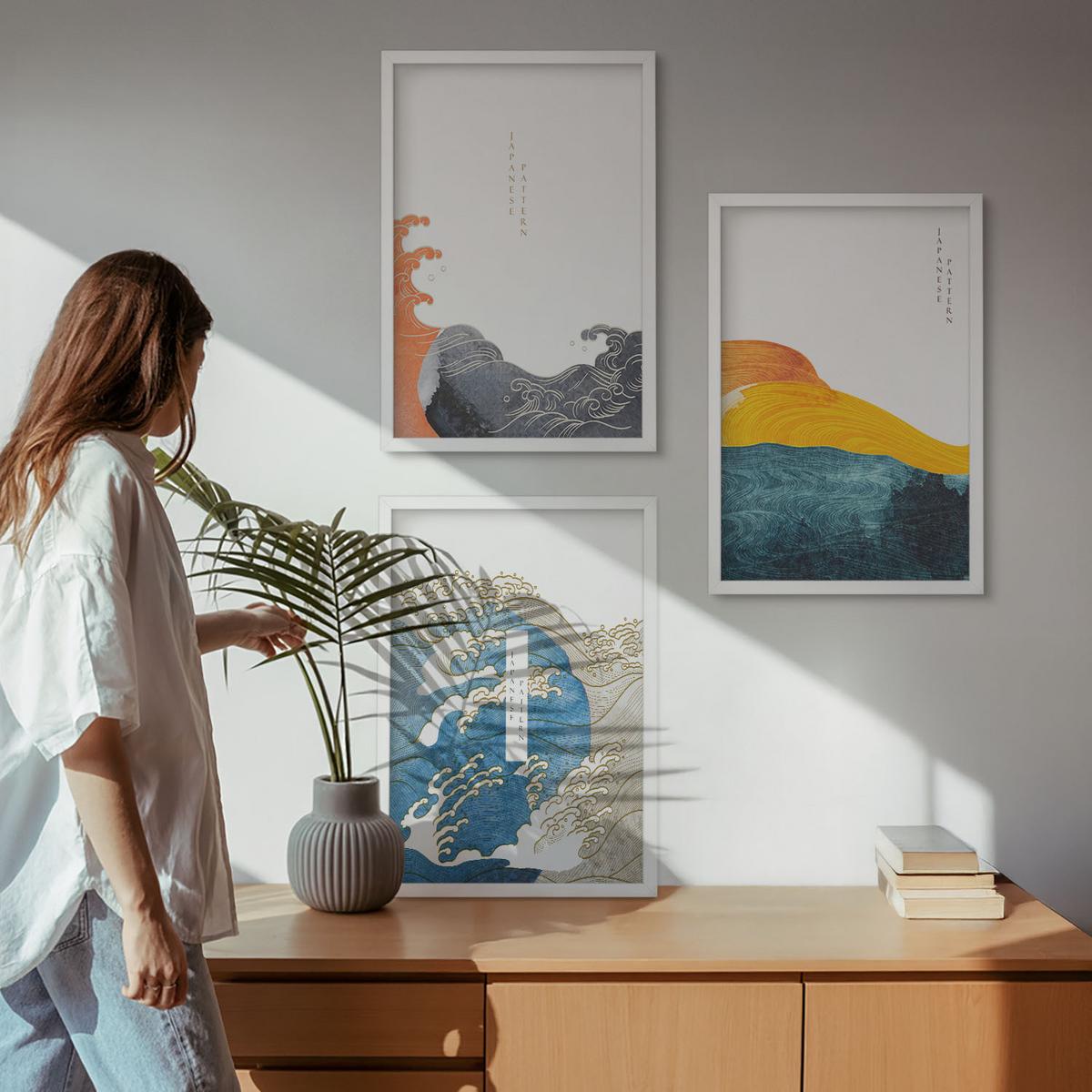 BILDER SET 3er Set - 40x60 cm Weißer Rahmen - Wellen des japanischen Grafikstils - Weiß, Kunststoff (40/60cm) - TULUP