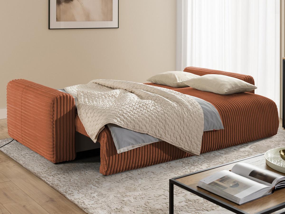 SCHLAFSOFA Calma mit Bettkasten im Bumpy-Design aus weichem Terrakotta Plüschcord - Terracotta/Schwarz, Holz/Kunststoff (239/88/98cm) - S-Style