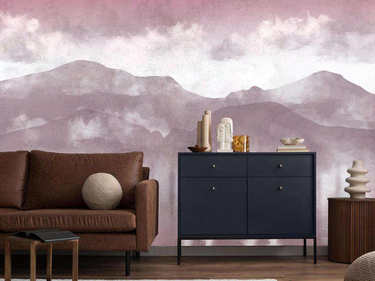 FOTOTAPETE Neblige violette Landschaft Berge 450x315 - Violett/Rosa, Papier (450/315cm) - Muralo