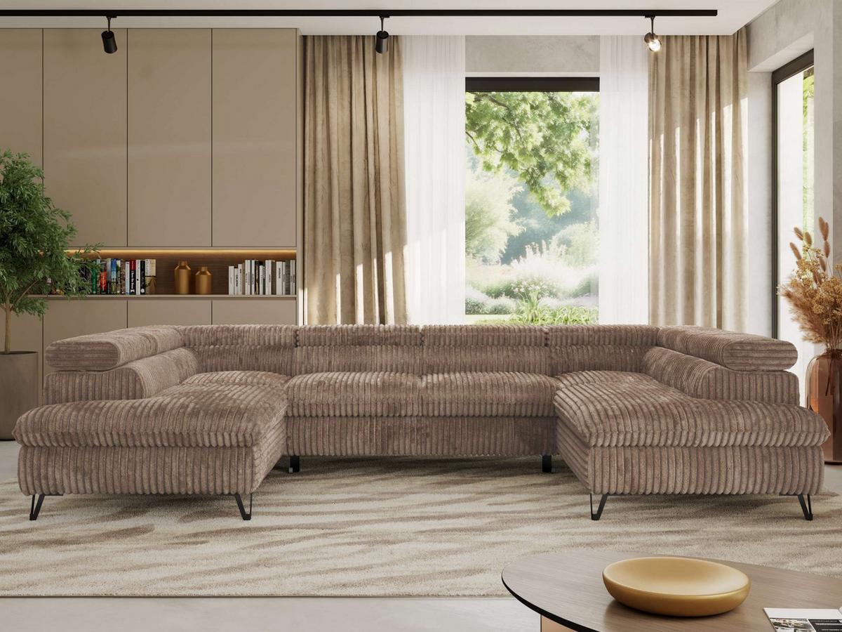 WOHNLANDSCHAFT PABLO U Cord Braun mit Topper Visco - Schwarz/Braun, Textil/Metall (346/76/208cm) - MKS