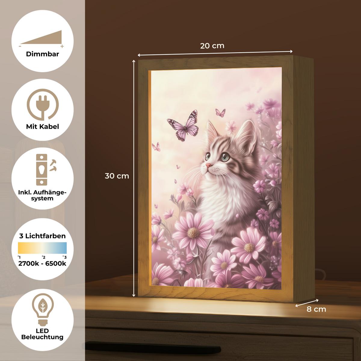 NACHTTISCHLAMPE Kätzchen - Blumen - Schmetterlinge - Lila 20x30 cm - Altrosa, Holzwerkstoff (8/20/30cm) - OnlyWow