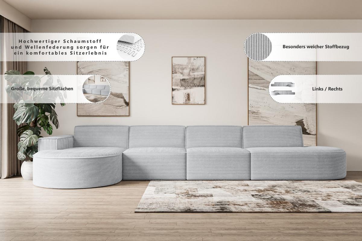 ECKSOFA Ottomane Links MARI-L3 - 413x171x79 cm Beige Cord - Beige/Schwarz, Holzwerkstoff/Kunststoff (165/406cm) - ALTDECOR