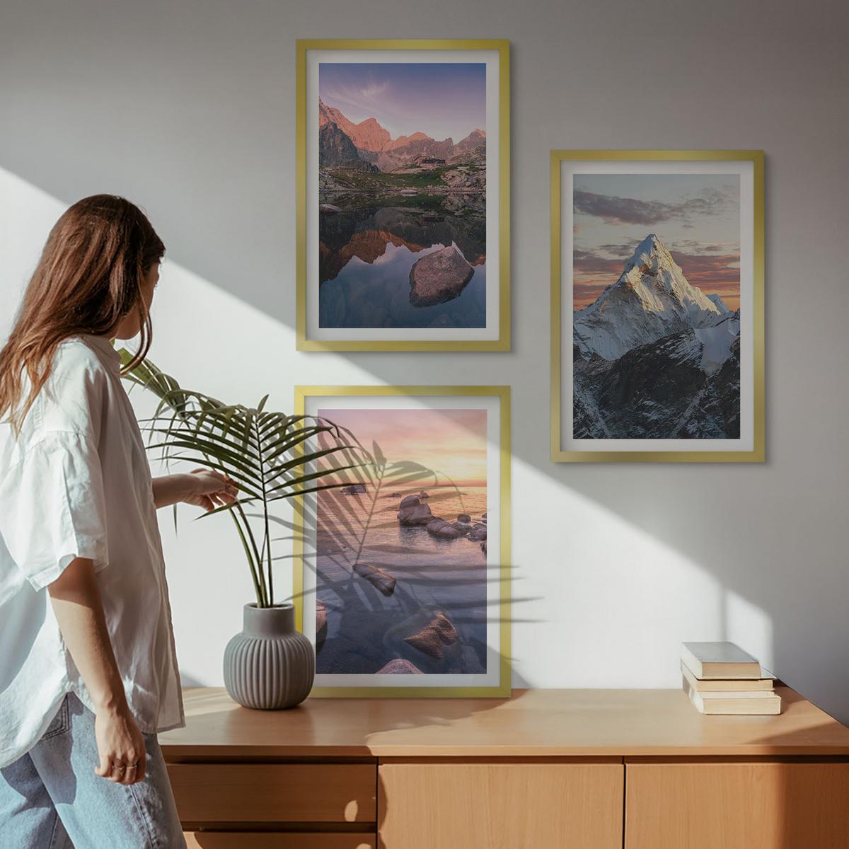 BILDER SET 3er Set - 40x60 cm Goldrahmen - Berglandschaften im Hintergrund - Goldfarben, Kunststoff (40/60cm) - TULUP
